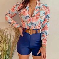 print blouse tops and short pants 2pcs set women 2021 summer floral print shirtssolid pants sets office ladylace up bow blusa