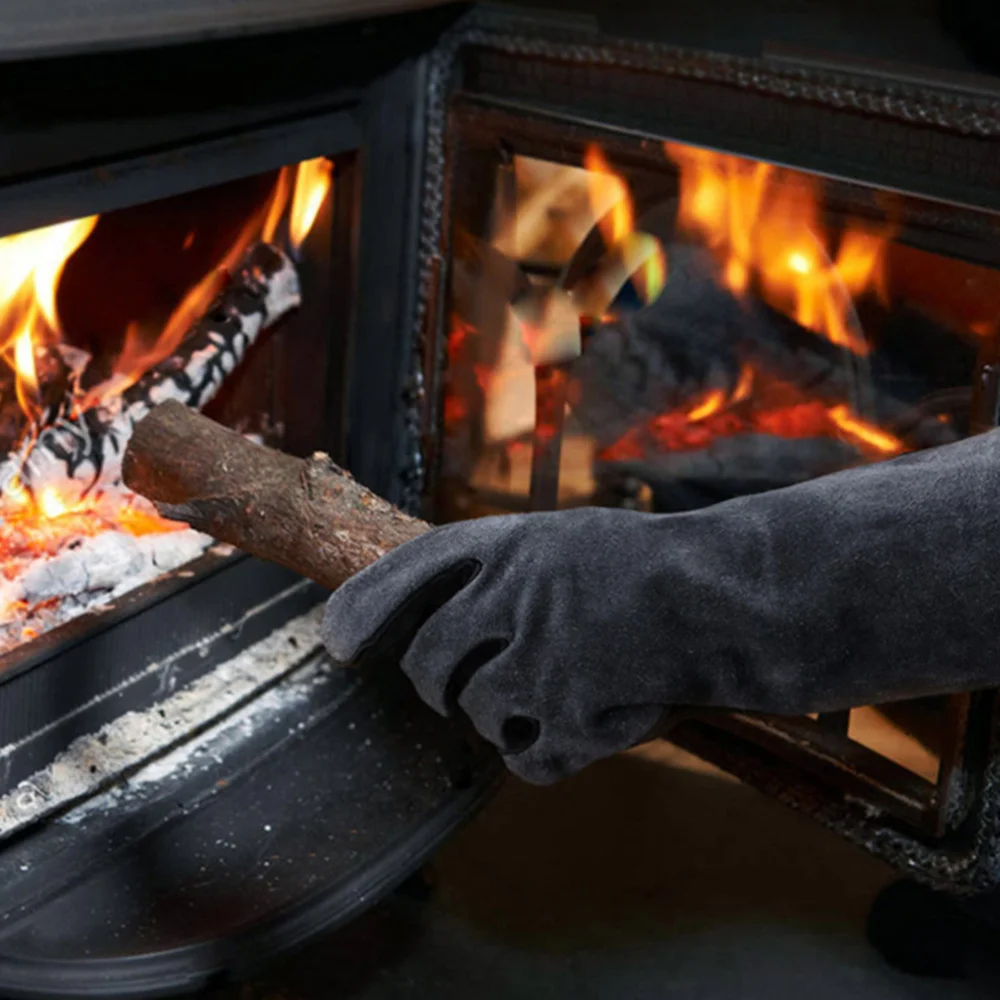 

1 Pair Heat Resistant Fire-resistant Leather Barbecue Cooking for Outdoor Use (14 Inches Grey + Black)