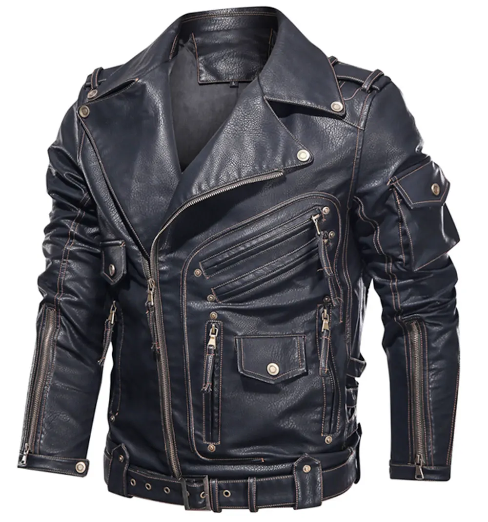 

Mens Winter Leather Jacket Motorcycle PU Leather Jacket Men Cool Zipper Multi-pocket Leather Bike Chaquetas Hombre Coats