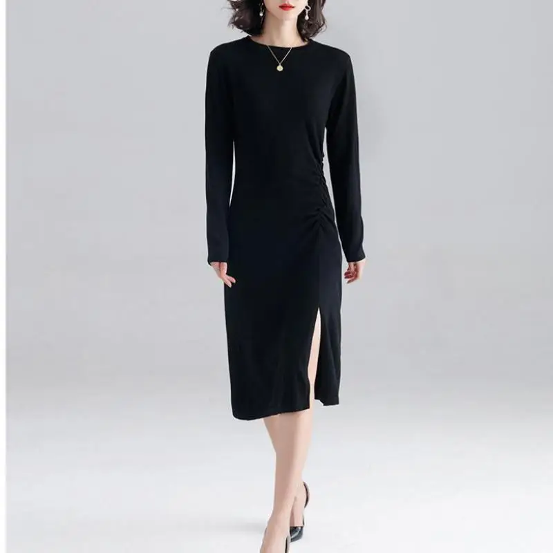 2019 осень зима офисное женское облегающее трикотажное платье с круглым вырезом
