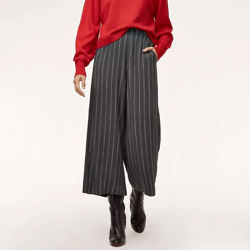 Vertical Stripes Elastic Waist Cropped Wide-leg  Women Pants