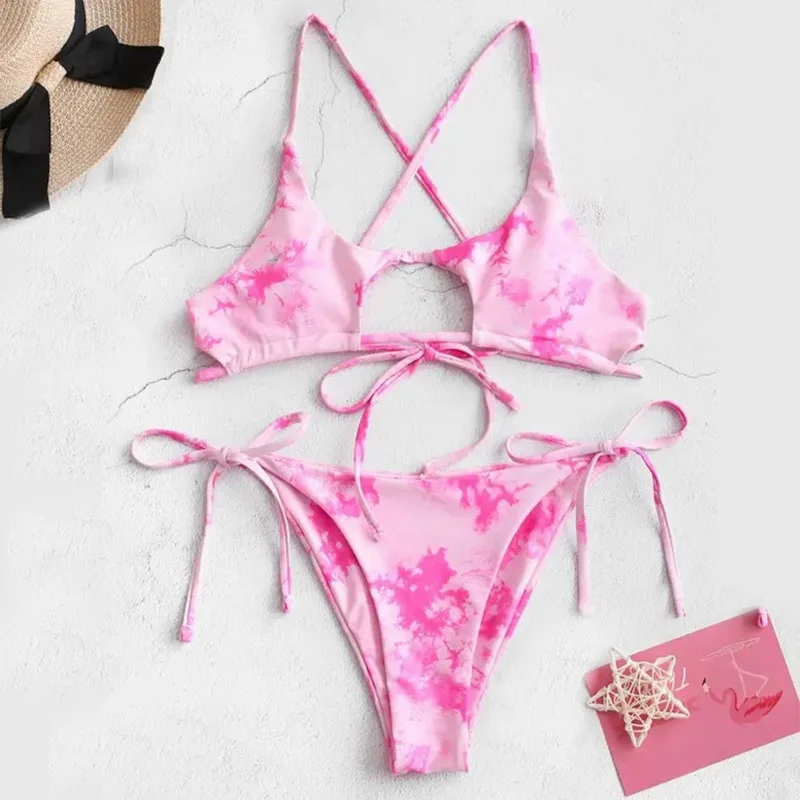 

Hollow Sexy Swimsuit 2020 Women Brazilian Bikini Set Push Up Tie Dye Bathing Suit Swimwear Separate Popular Women's Swimsuit