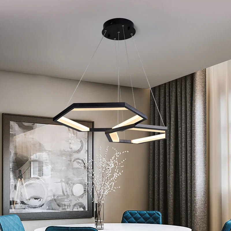 

Modern dining room ceiling chandelier Nordic interior dimmable black/gold ring chandelier living room staircase hanging light