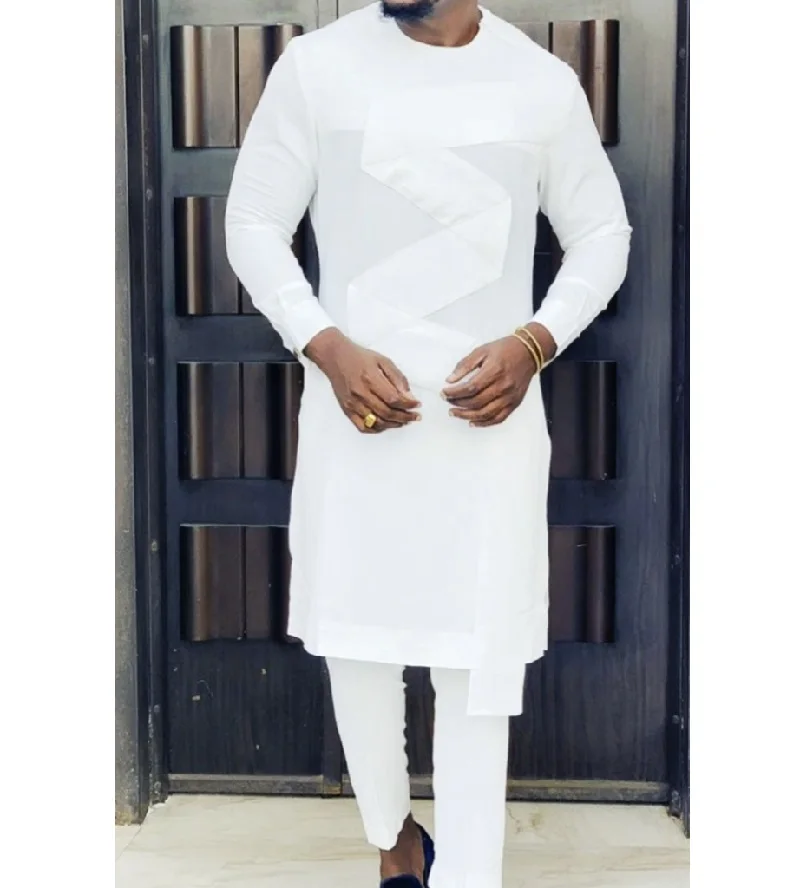 Trajes tradicionales africanos blancos sólidos, Tops + Pantalones de moda nigeriana, estilos de senador, ropa masculina, pantalones personalizados