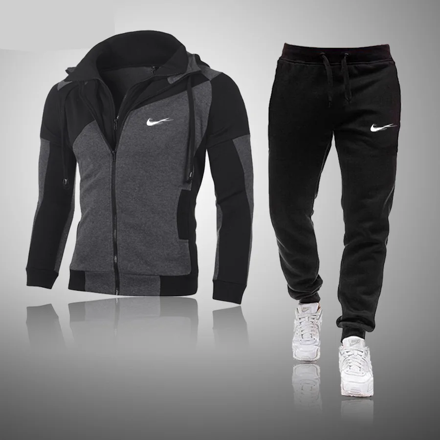 

2021 Tracksuit Men 2 Pieces Set Sweatshirt + Sweatpants IКNIKEС Sportswear Zipper Hoodies Casual Mens Clothing Size S-3XL