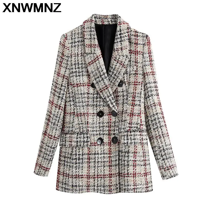 XNWMNZ Women 2021 Fashion Double Breasted Plaid Tweed Blazers Women Coat Vintage Long Sleeve Pockets Tweed Suit Female Outerwear