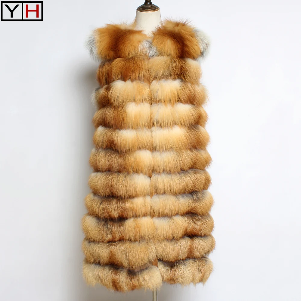 Роскошный длинный стильный жилет из натурального красного лисьего меха зимние