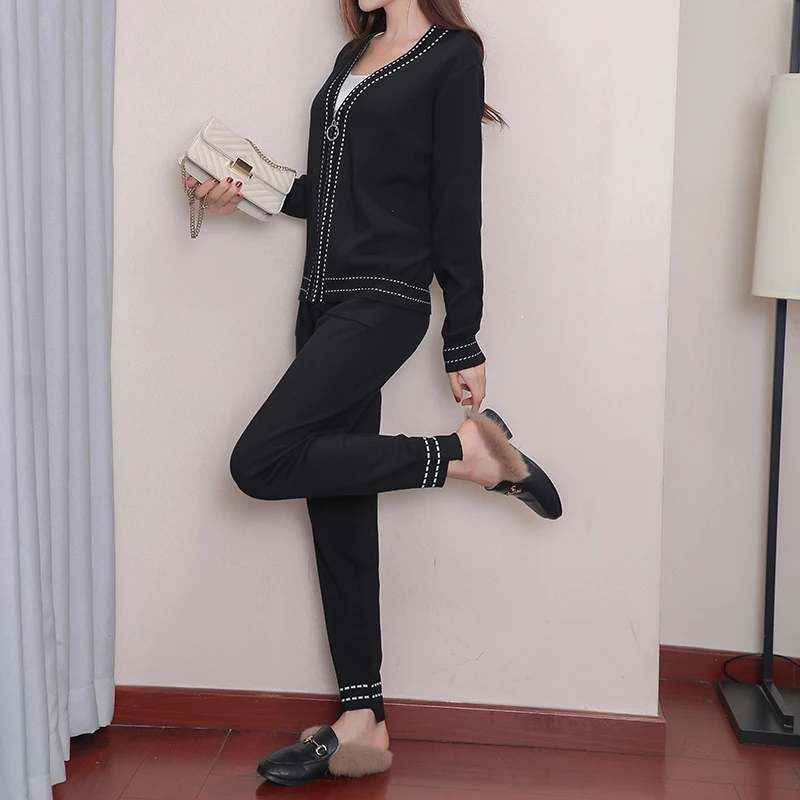 

New Women Casual Tracksuit Knitted Coat And Long Pants Suit 2020 Autumn V-Neck Zipper Cardigans + Trousers 2 Piece Set Female
