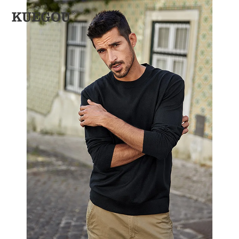 

KUEGOU 2022 Spring Plain Black Sweater Men Pullover Casual O-Neck Jumper For Male Wear Brand Knitted Plus Size Clothing 12301