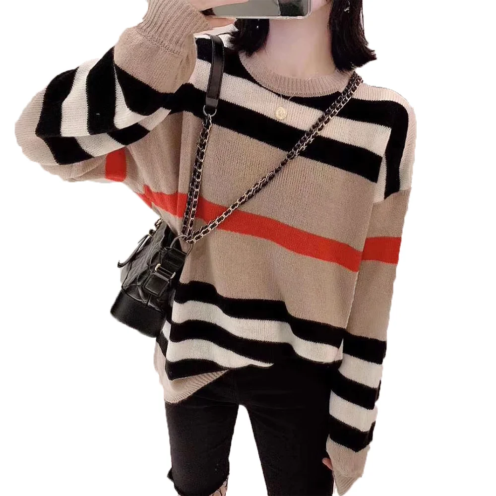 

Top New Fashion Spring and Autumn Cute Red Black Stripes Pullover round Neck Women 's Sweater 2021 Korean Style Winter