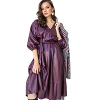 women vintage sashes purple pu party dress lantern sleeve sexy v neck solid elegant casual a line dress 2021 autumn new dress