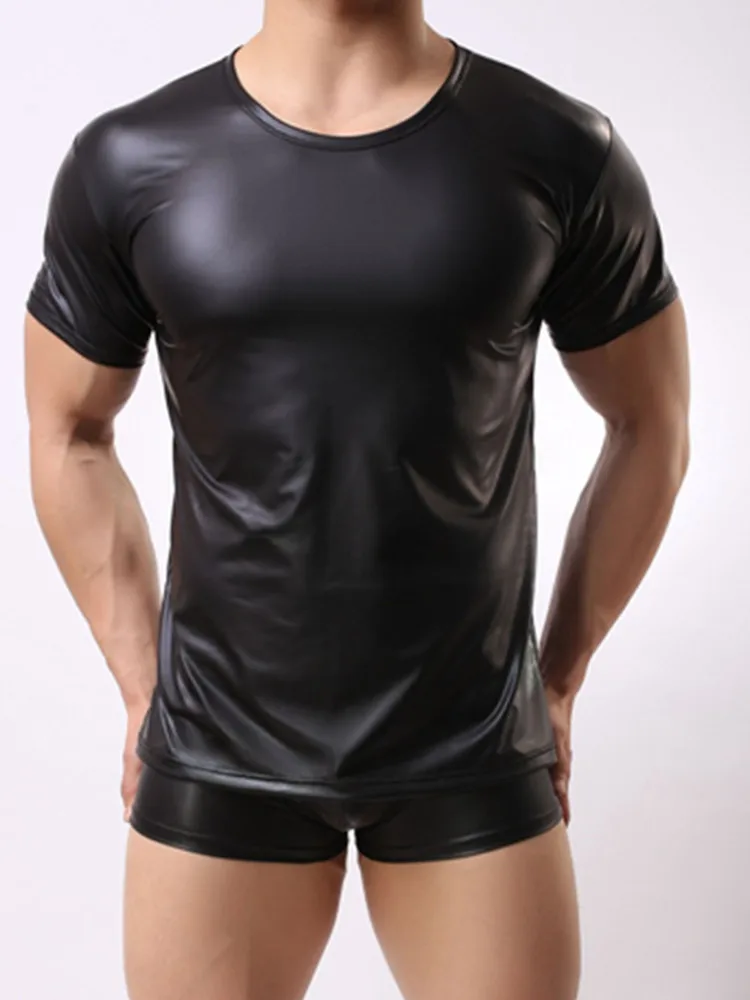 Футболка мужская из ПУ кожи пикантный топ с коротким рукавом облегающий Топ