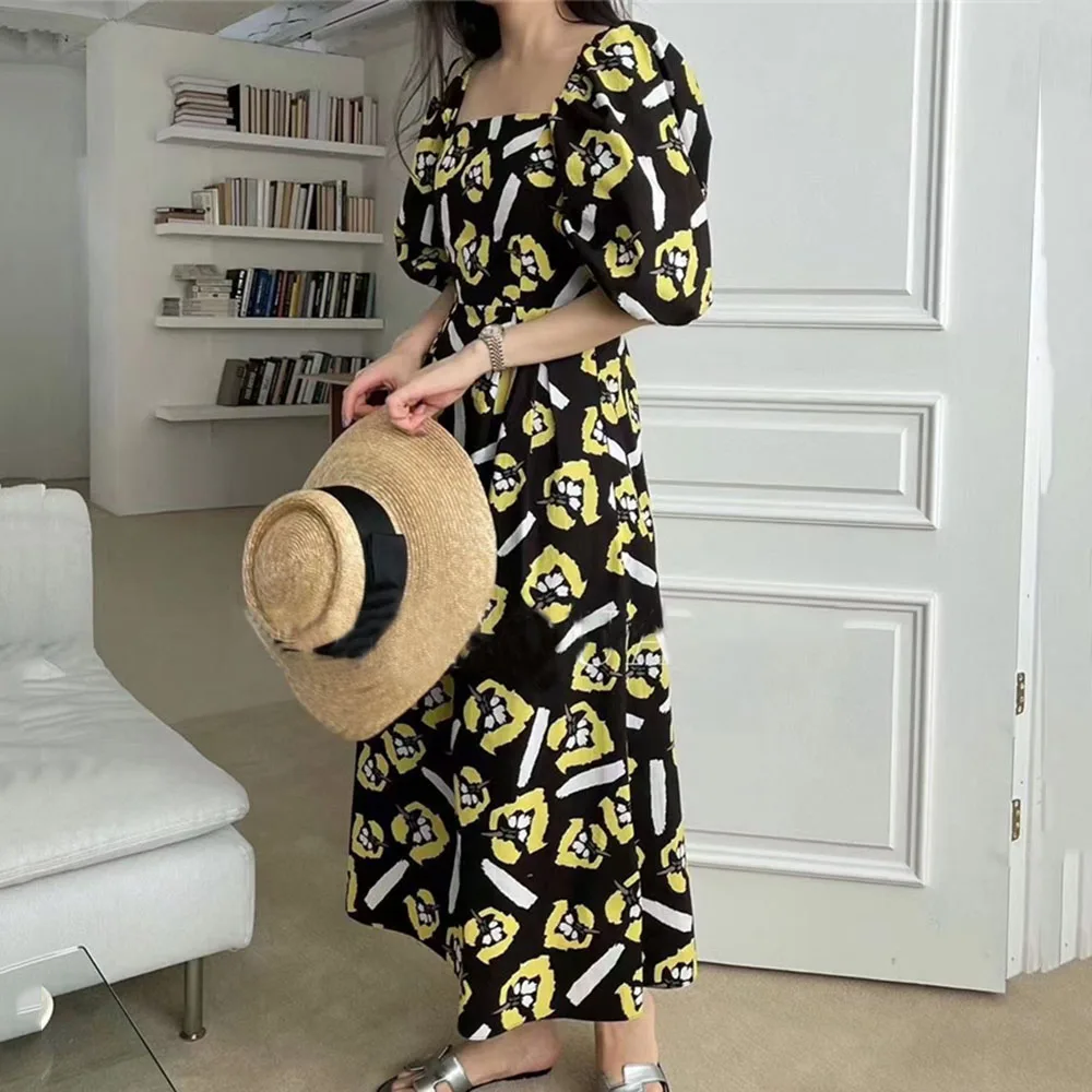 

2021 Summer New Korean Fashion Temperament Printing Square Collar Puff Sleeve Draw Back Women's Dress Loose Casual