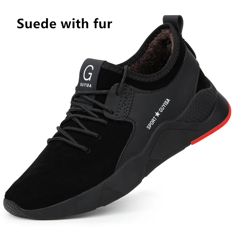 Black red-Suede Мужская Рабочая защитная обувь со стальным носком; Легкие дышащие уличные кроссовки; непромокаемые ботинки; неубиваемая обувь для мужчин - Цвет: Black red-Suede