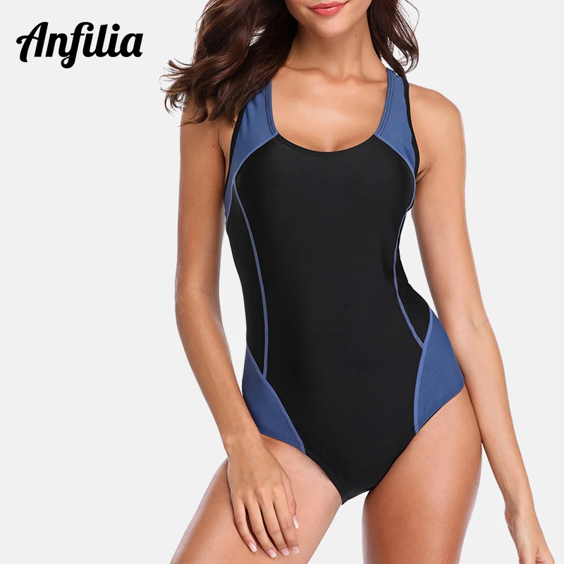 Anfilia One Piece Women Sports Swimwear Sports Swimsuit Patchwork Competition Swimwear Backless Beachwear Bathing Suits Fitness