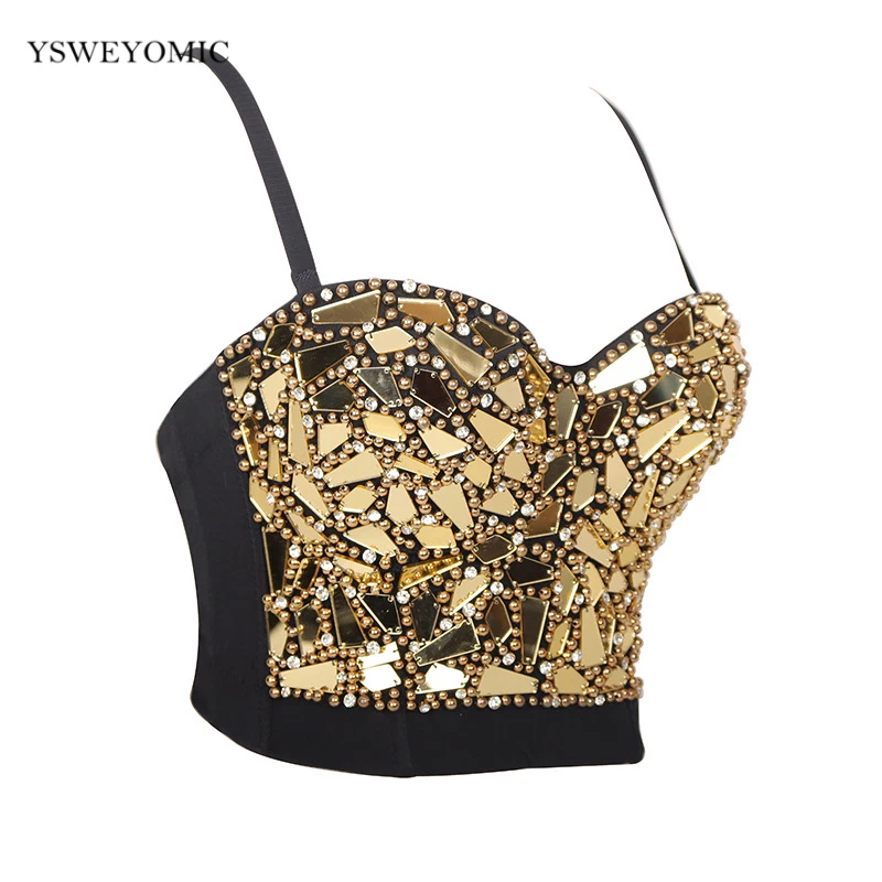Women's Gold Silver Red Blue Sequin Cropped Tops Rhinestone Pearl Tank Top Glitter Sexy Bustier Tops Rave Festival Party Vest