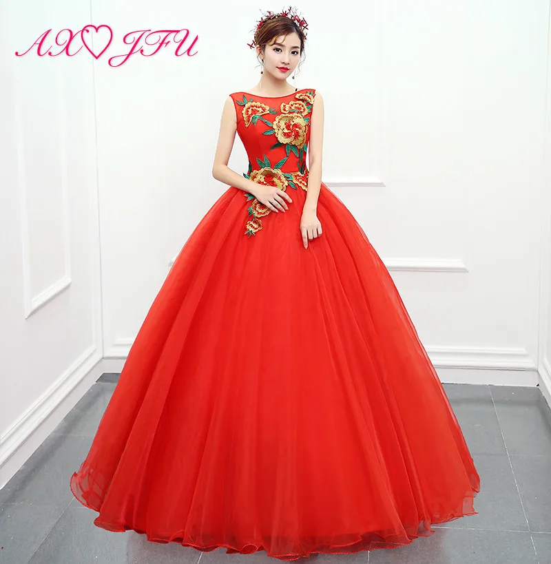 

AXJFU luxury princess red lace bride evening dress vintage o neck beading sleeveless flower illusion ball gown red evening dress