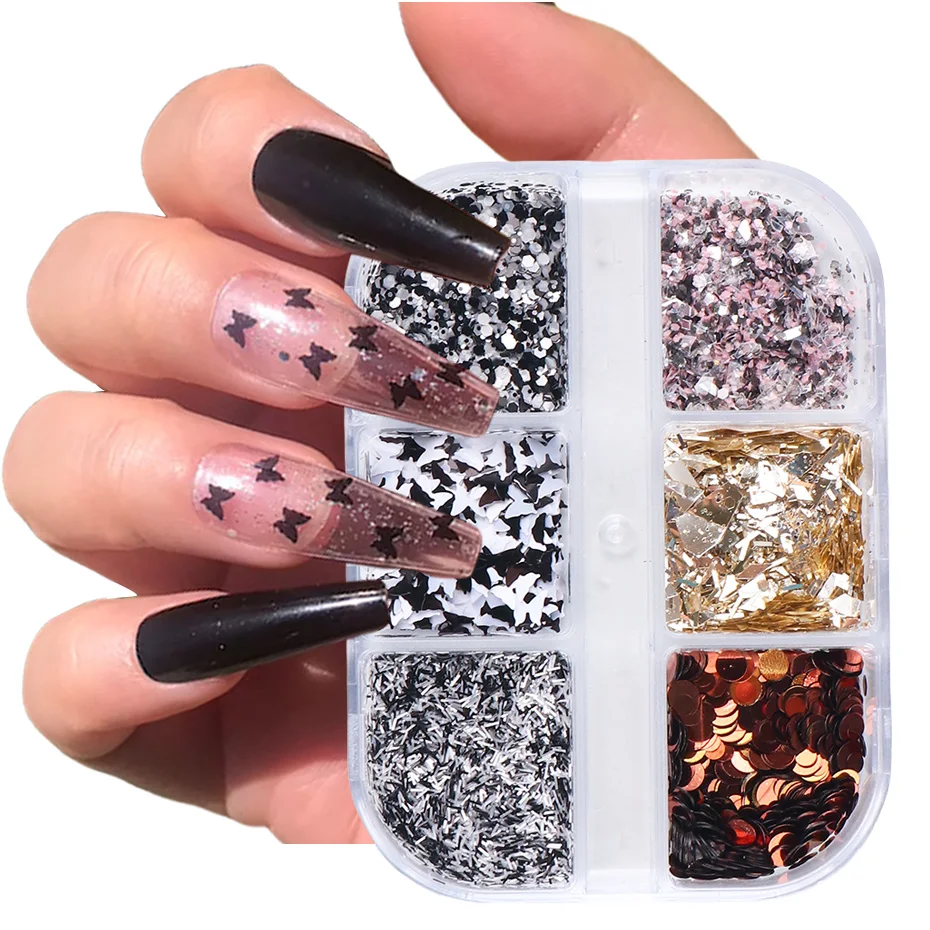 

Микс бабочка ногтей блестки Нерегулярные хлопья Золото Серебро Черный 3D дизайн ногтей порошок украшения зимний маникюр TR1909-28