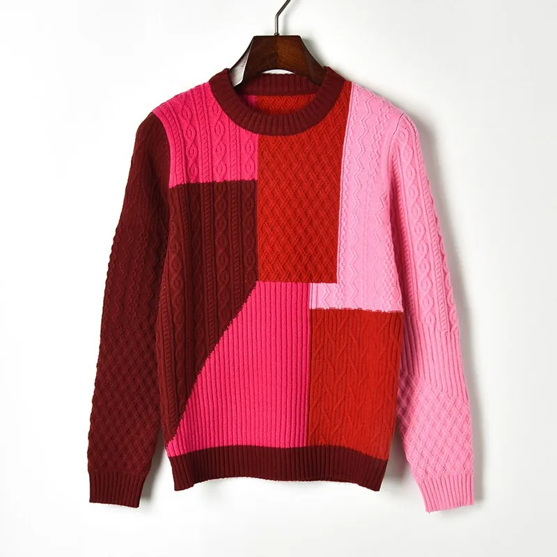 Женский свитер с геометрическим рисунком крутой составного кроя длинным рукавом
