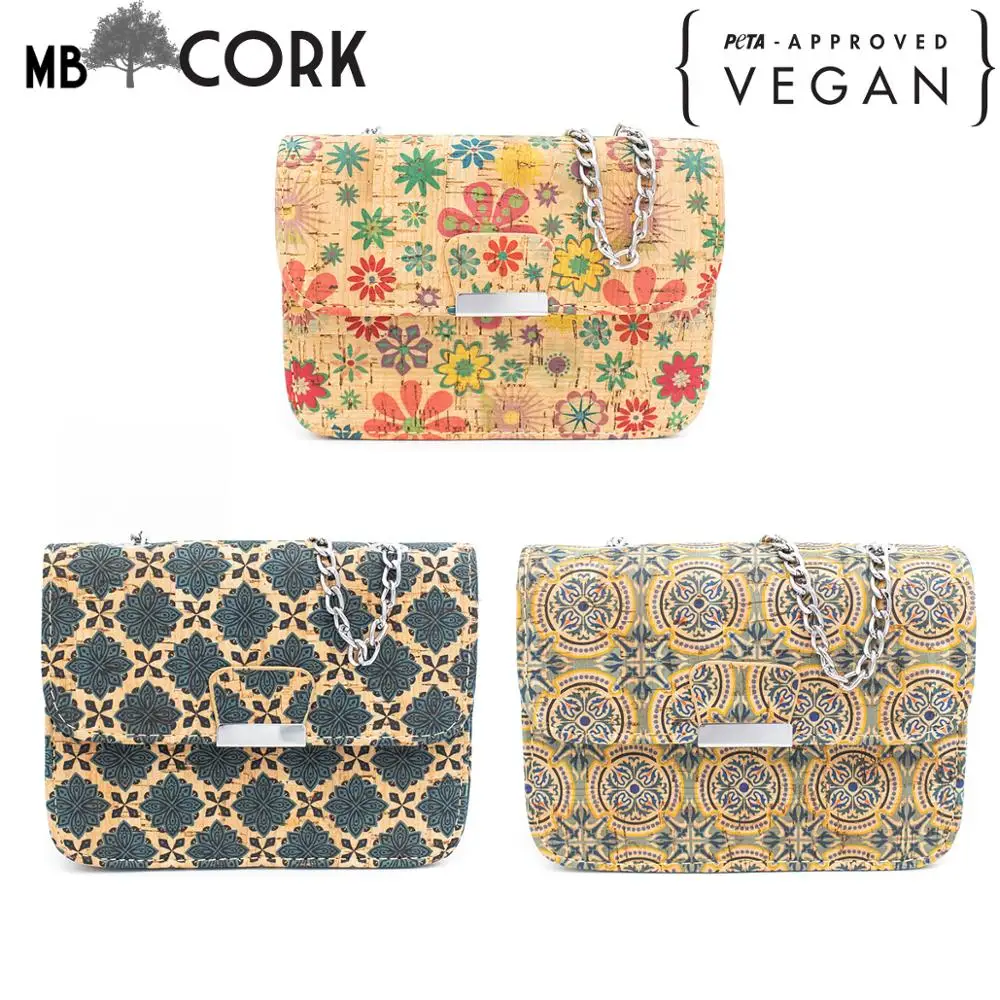 Натуральная пробковая сумка с цветочным узором античная серебряная цепочка