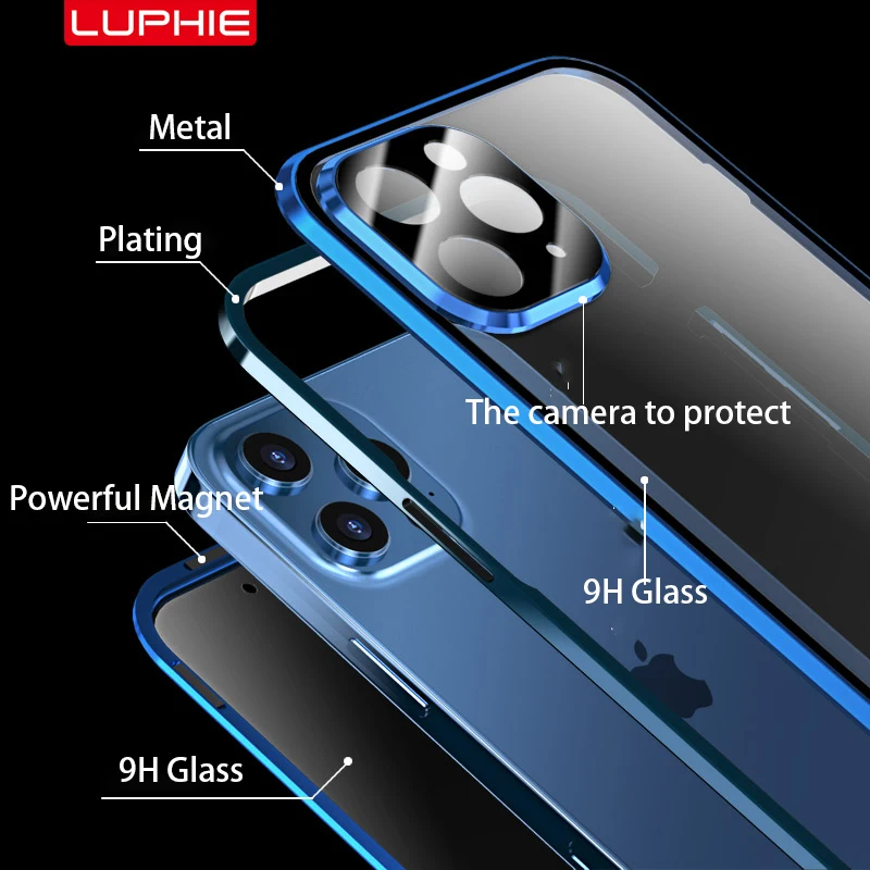 

Metal plating Magnetic 360 For iphone 12 pro Case Glass For iphone 12 Pro Max Mini Case phone Cases funda luxury coque cover