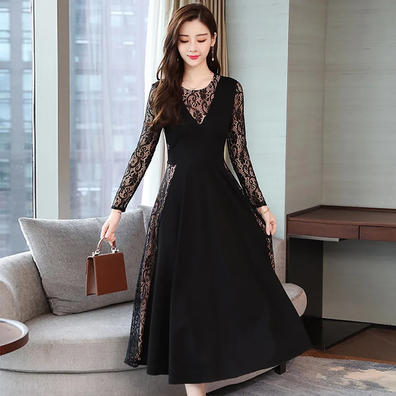 

Fall 2020 New Women's Lace Korean Version of the Big Dress Slim Slimming Temperament Black Dresses