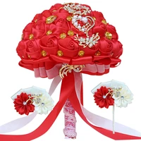 exquisite bride and bridesmaid bouquets luxury rhinestone red ribbon rose sister group wrist corsage set wedding props t227