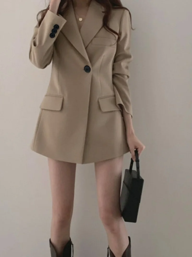 Khaki Black Mid Length Chic Blazers Women Solid Colors Single Button Plus Size Suits 2021 Spring Autumn New Work Casual Blazer