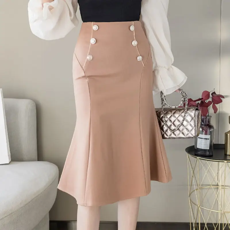 

Plus Size 5xl High Waist Red Skirts Womens Pencil Skirt Elegant Korean Office Ladies Khaki double-breasted Mermaid Skirt Femme