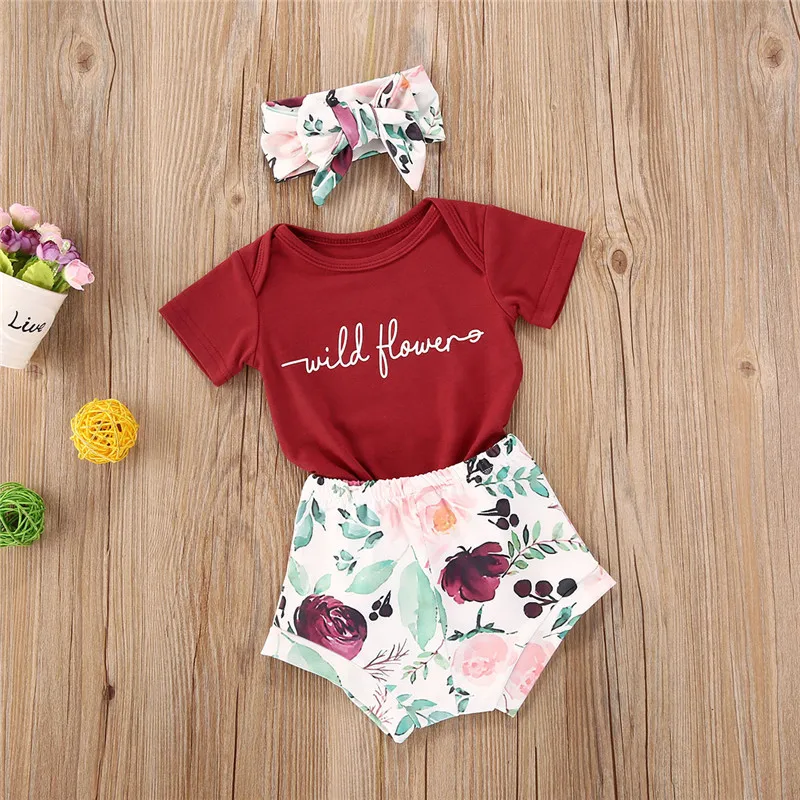 

Summer Newborn Baby Girls Clothes Sets Short Sleeve Letter Printed Romper+Floral Shorts+Headband Infant baby girl outfit