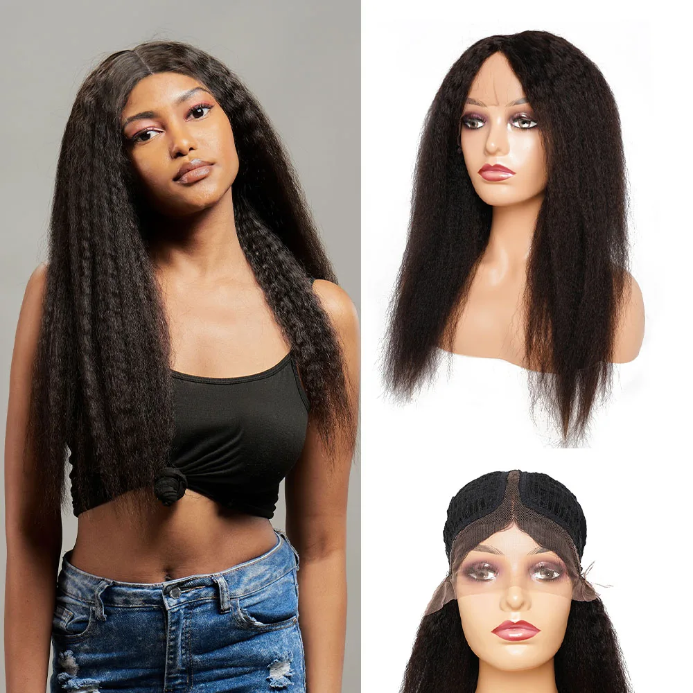 T Part Lace Wig Yaki Straight Remy Indian Human Hair 13*4*1 Kinky Straight Natural Color Lace Front Wig For Women