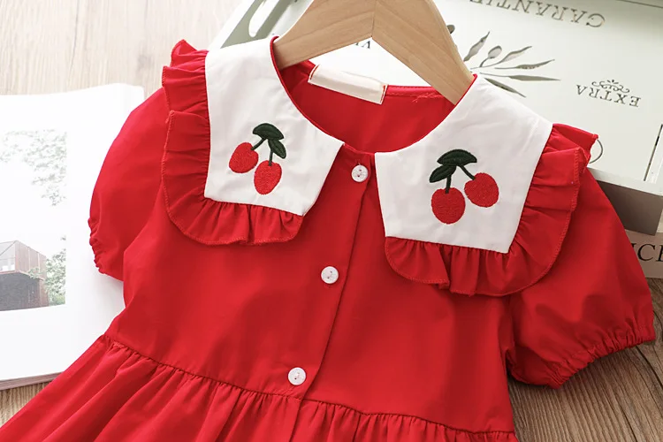 

2021 Summer Baby Girl Dress Cute Children Clothes Lapel Cherry Embroidery Dress Ruffled Girls Princess Dress Cotton Kids Dress