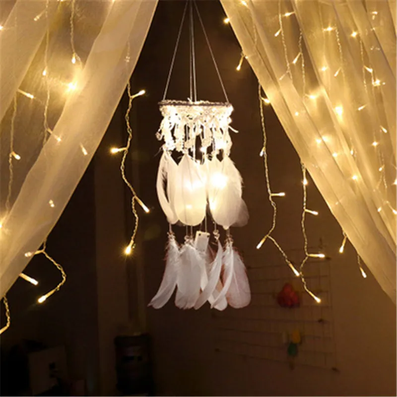 Розовое перо Ловец снов на стену висящий ветер куранты LED ремесла Лаки ночные