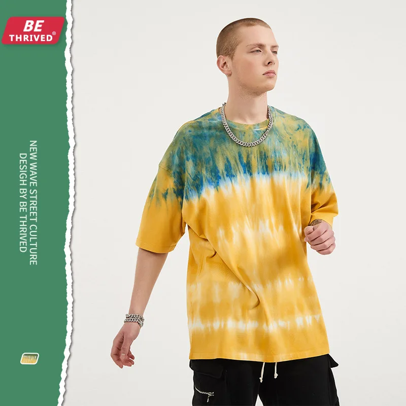 

LOVZON Gradually Yellow Double-colover vest Tie-dye Short-sleeved Restore Ancient Ways Popular Logo T-shirts Men's High Street