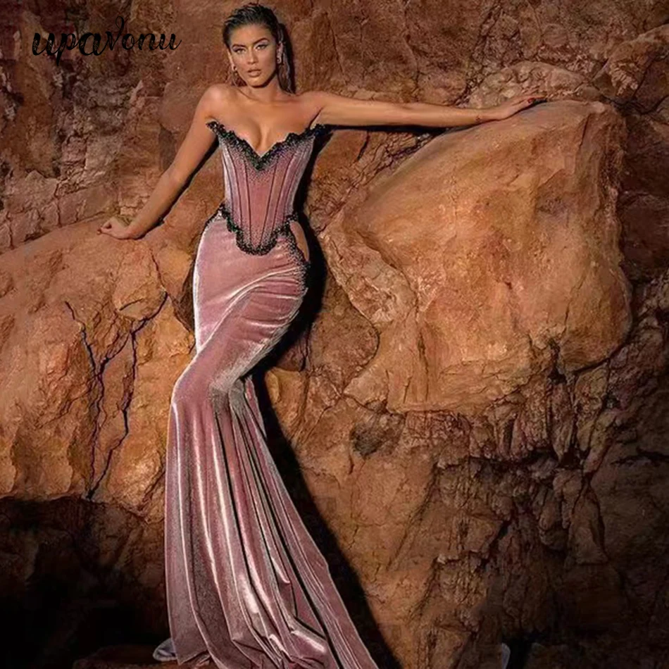 

Женское бархатное длинное платье, облегающее платье без рукавов с нагрудной оборкой и стразами, вечернее платье знаменитости, Клубное плат...