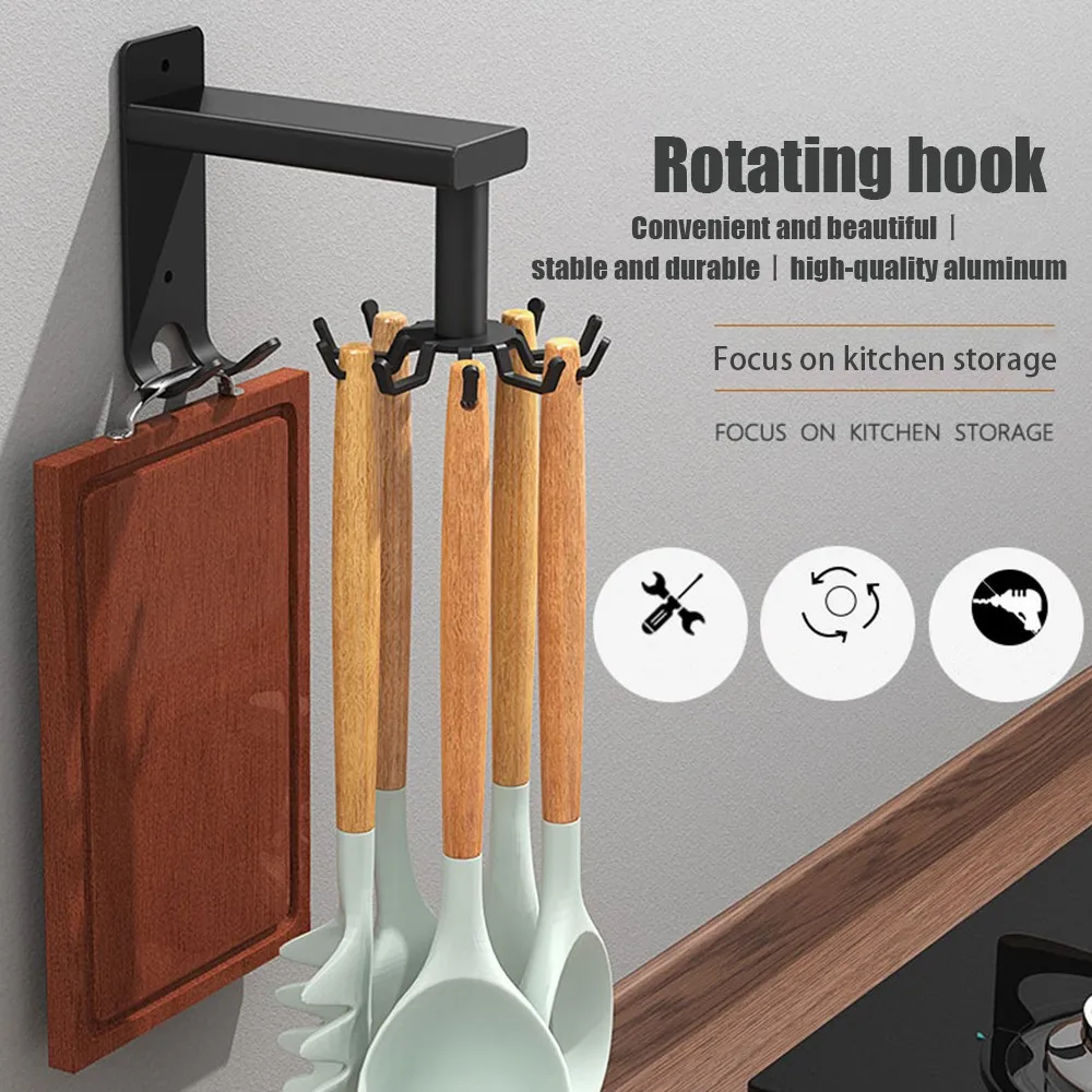 

Rotating Kitchen Hooks Adjustable Spin Kitchen Rack Wall Mounted Organizer Utensils Hanger for Spoon Towel Pot Spatula