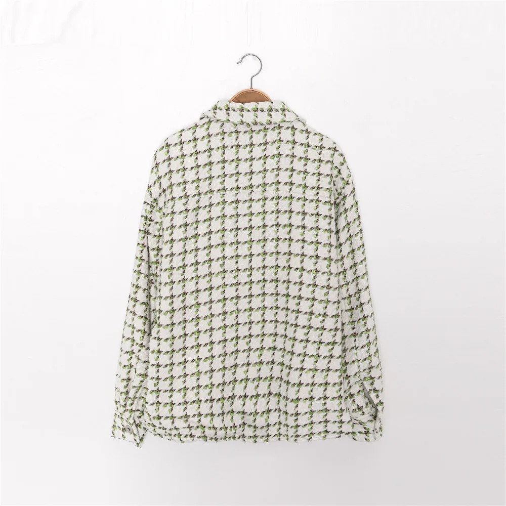 

Women Coat 2021 Fall/Winter Houndstooth Check Jacket Men's and Women's Tweed Pocket Shirt Loose Knitted Woolen Shirt