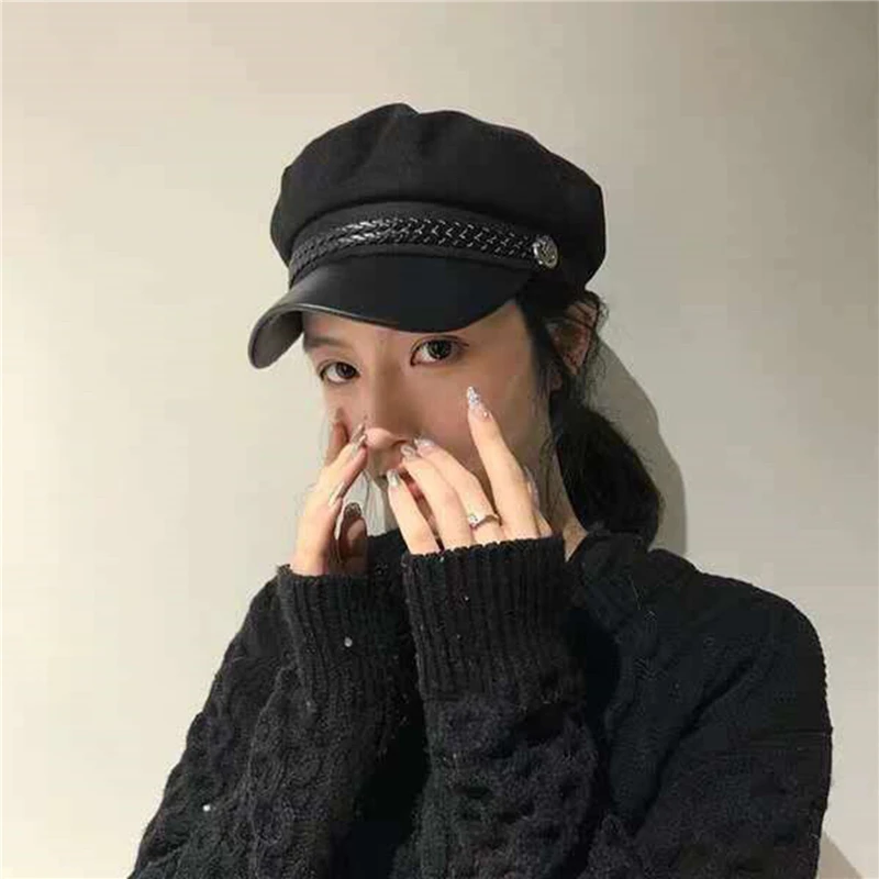 

Autumn Women Vintage Military Cap Casual Sailor Hats Fashion Black Flat Top Captain Cap Travel Cadet Hat