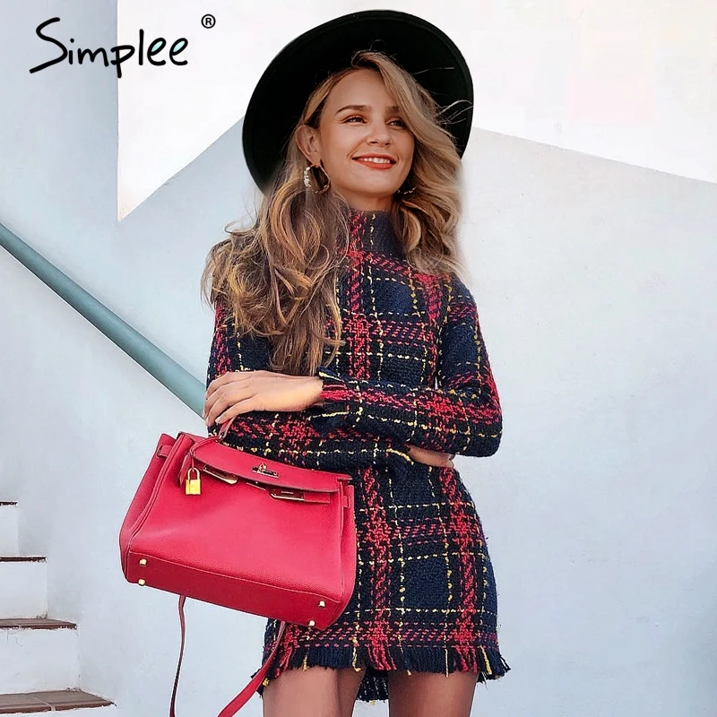 Осеннее и зимнее женское платье Simplee в клетку элегантное твидовое офисное теплое