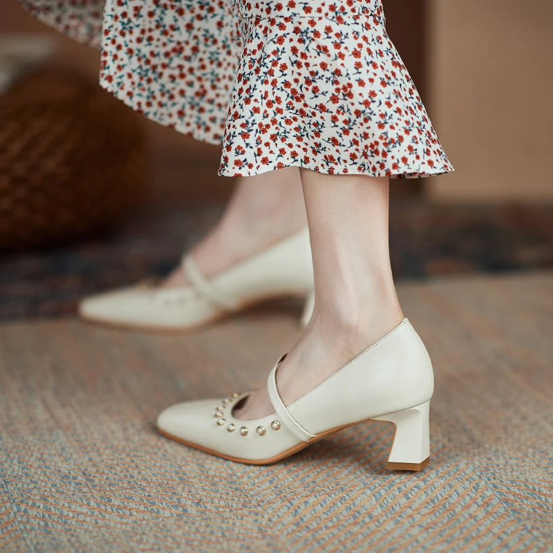 

Women pumps natural Leather shoes 22-24.5cm Cowhide upper Full leather Pearl thick heel square toe Mary Jane shoes womans shoes