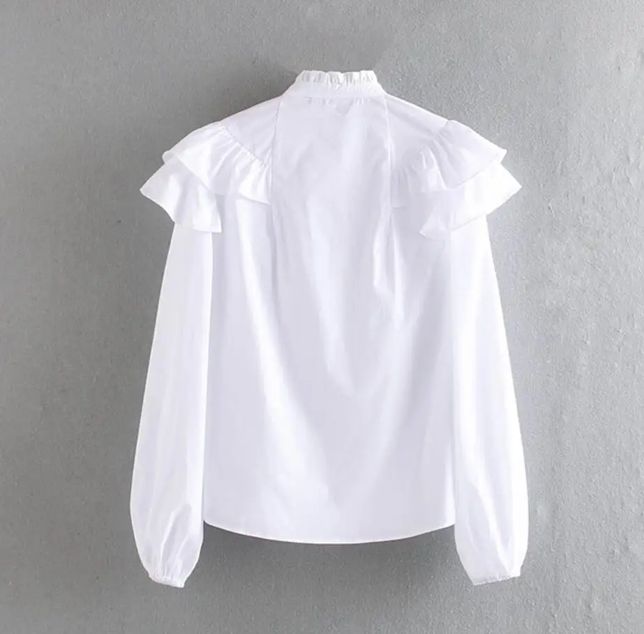 

Ruffles Blouses 2020 Women Fashion Stand Collar Solid Shirts Women Elegant Puff Sleeve Tops Female q544