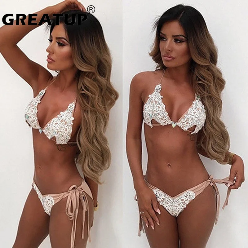 

Женский купальник, кружевное бикини, купальник со стразами, бандажный купальник с лямкой на шее, комплект бикини, Бразильская пляжная одежд...