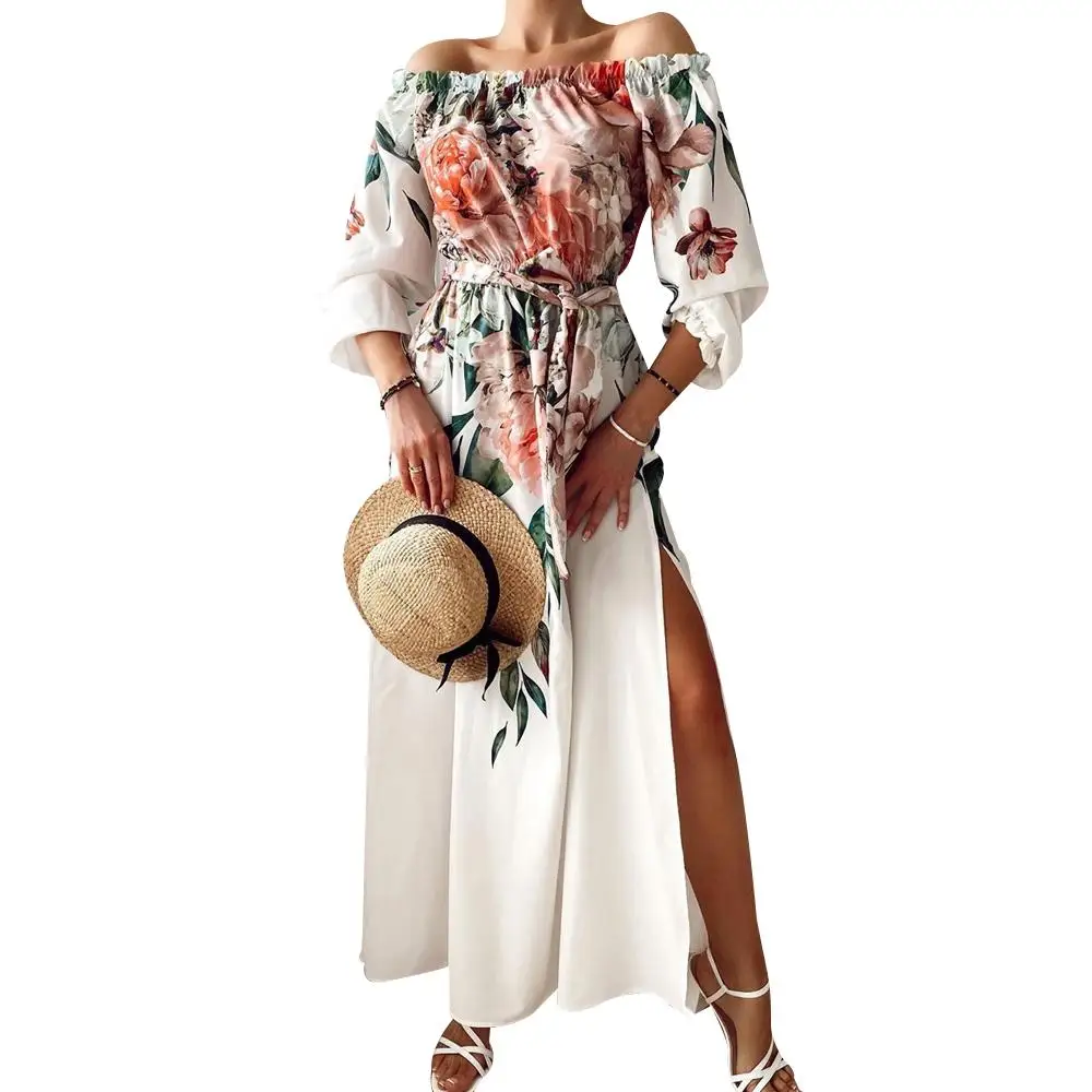 Летнее платье с открытыми плечами и цветочным принтом женское осеннее