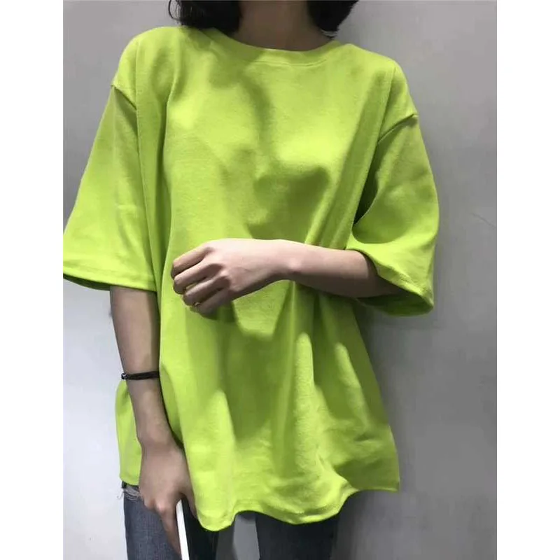 Однотонная женская футболка из 100% хлопка летняя с коротким рукавом и круглым