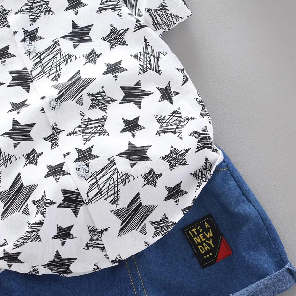 

Kids Clothes Set Baby Boys Cute Summer T-Shirt Pants Kids Short Sleeve Stars Pattern Shirt Tops+ Denim Pants Set roupa infantil