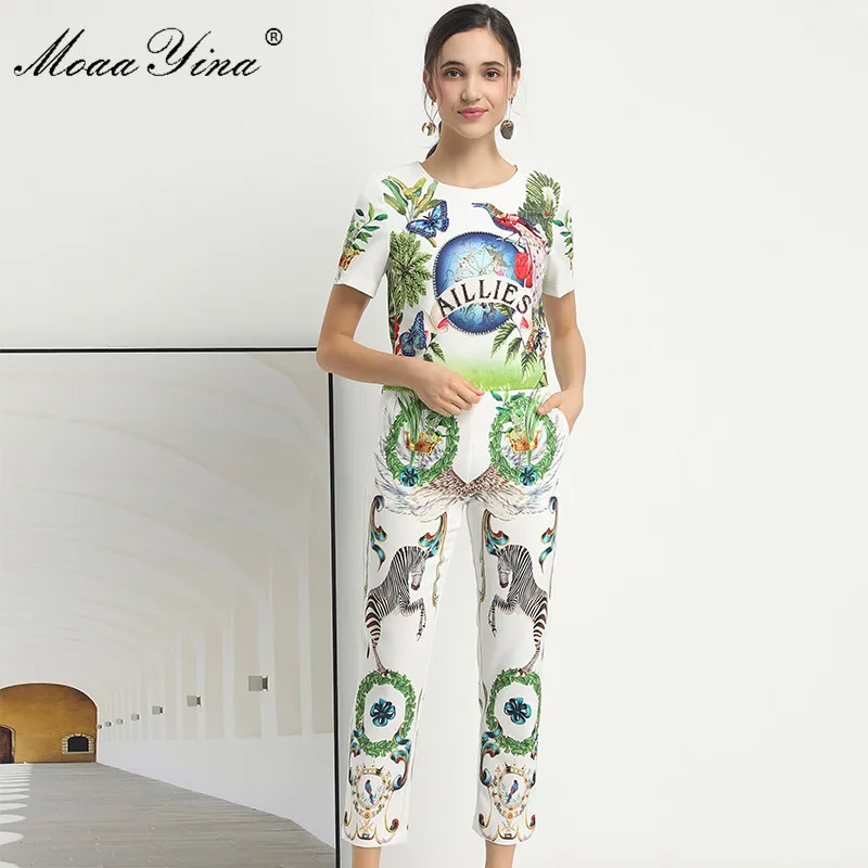 MoaaYina Fashion Designer Set Spring Summer Women Short sleeve Beaded Rainforest Print Tops+3/4 pants Vintage Two-piece set | Женская