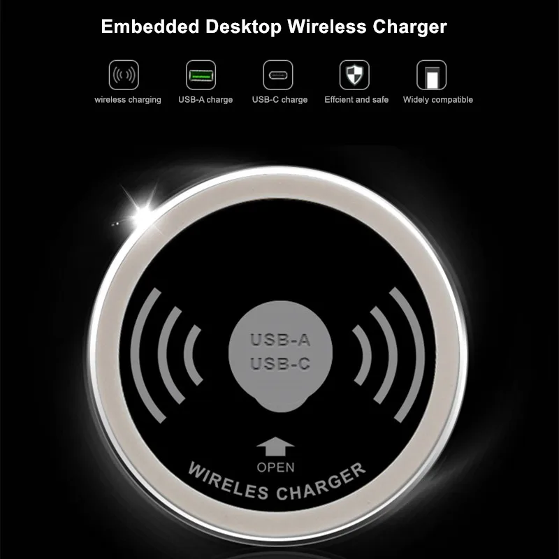 Настольное встроенное Беспроводное зарядное устройство Qi 15 Вт с портами USB и Type-C
