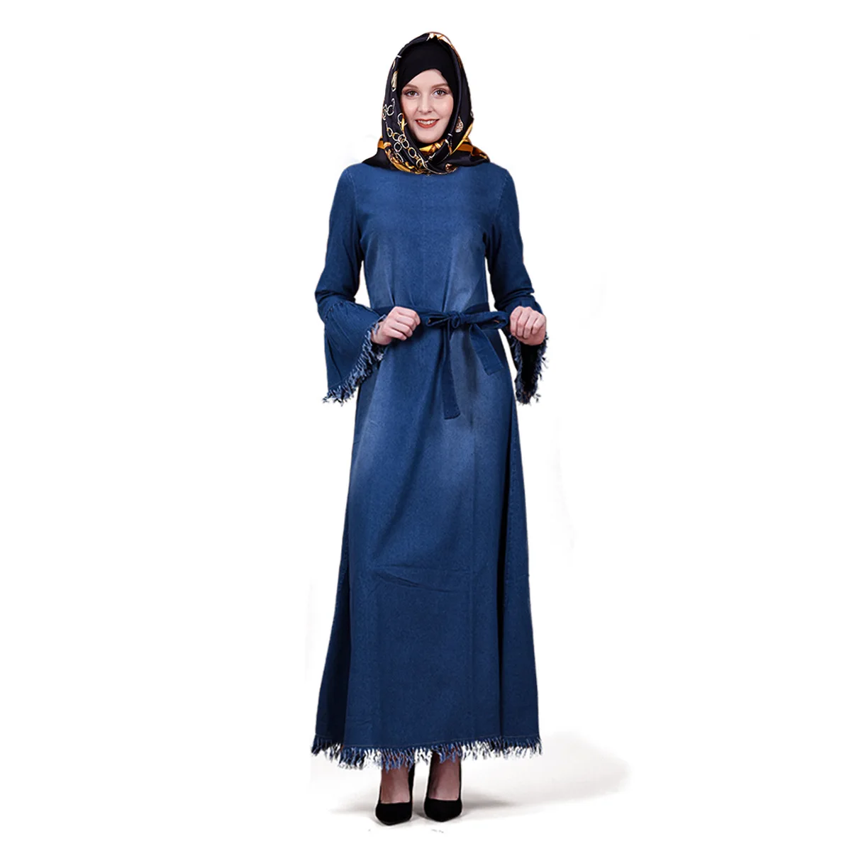 Мусульманское женское платье с расклешенными рукавами свободные джинсовые