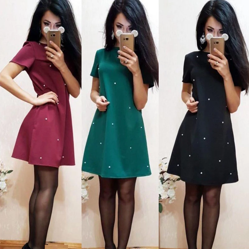 Однотонные Свободные мини платья с круглым вырезом женские повседневные