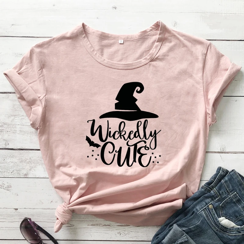 

Wickedly Cute 100% Cotton T-shirt Autumn Women Halloween Party Gift Tshirt Funny Spooky Season Witch Graphic Top Tee Shirt
